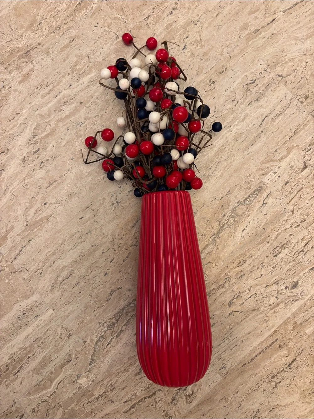 Red Ribbed Vase with Patriotic Red, White & Navy Berry Stems